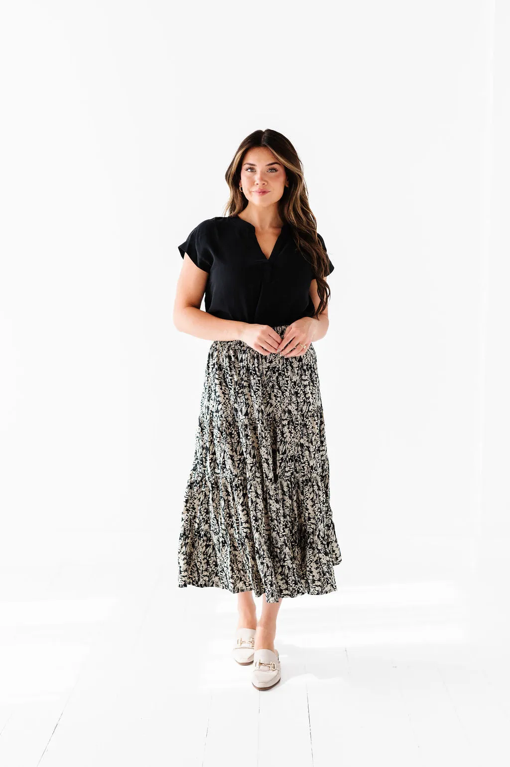 Meadow Tiered Midi Skirt in Black - Size 1X Left