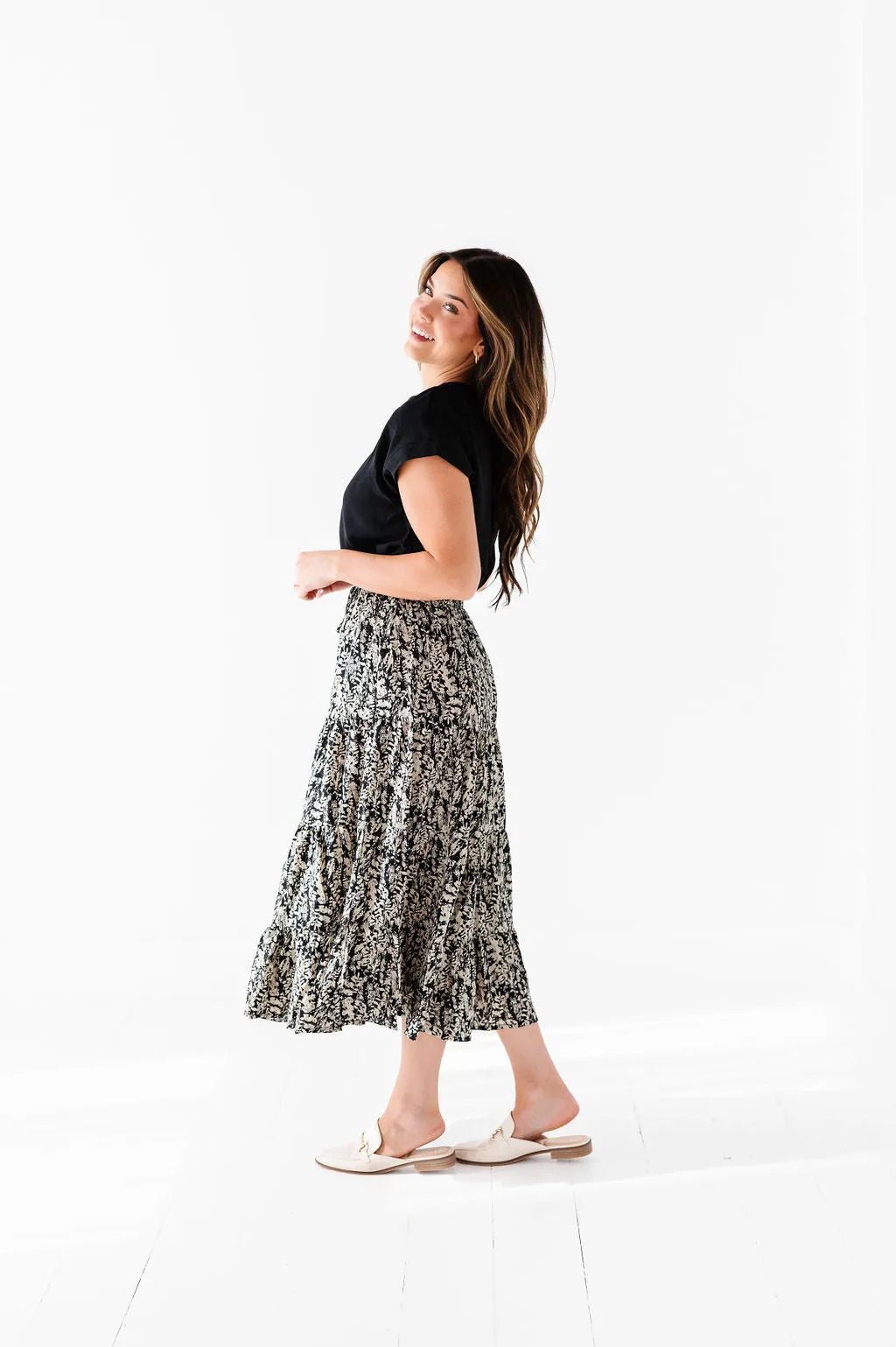 Meadow Tiered Midi Skirt in Black - Size 1X Left