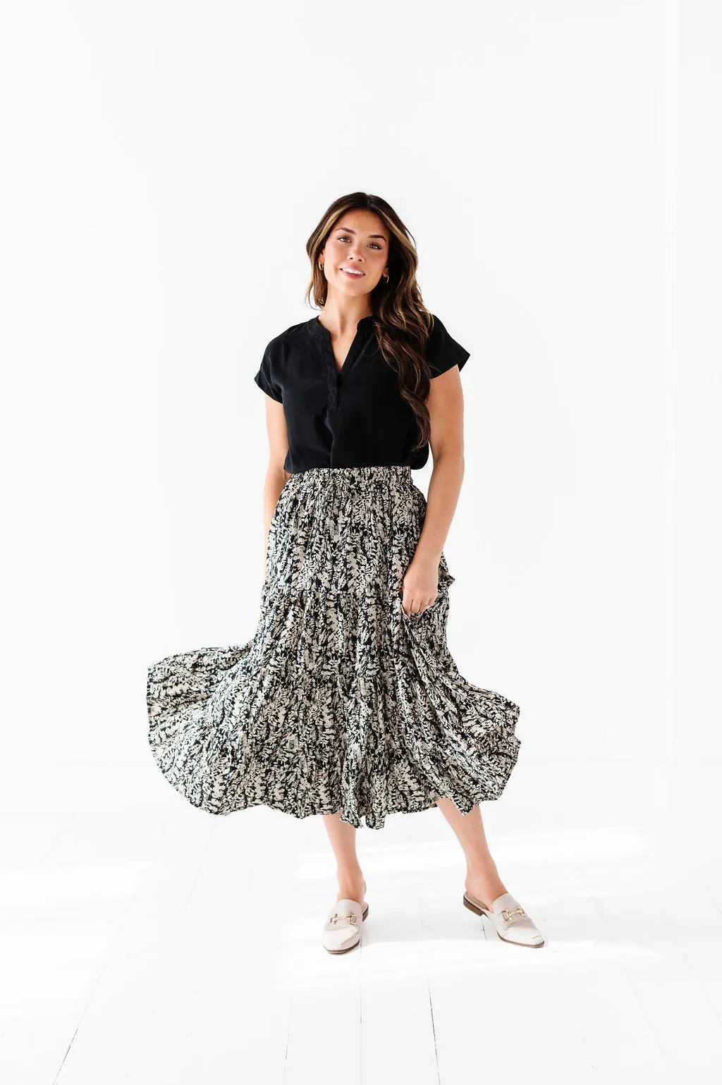 Meadow Tiered Midi Skirt in Black - Size 1X Left