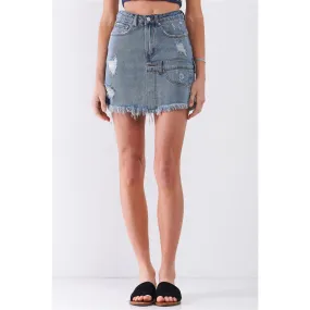 Medium Blue Denim High-waist Distressed Effect Asymmetrical Trim Raw Hem Detail Mini Skirt