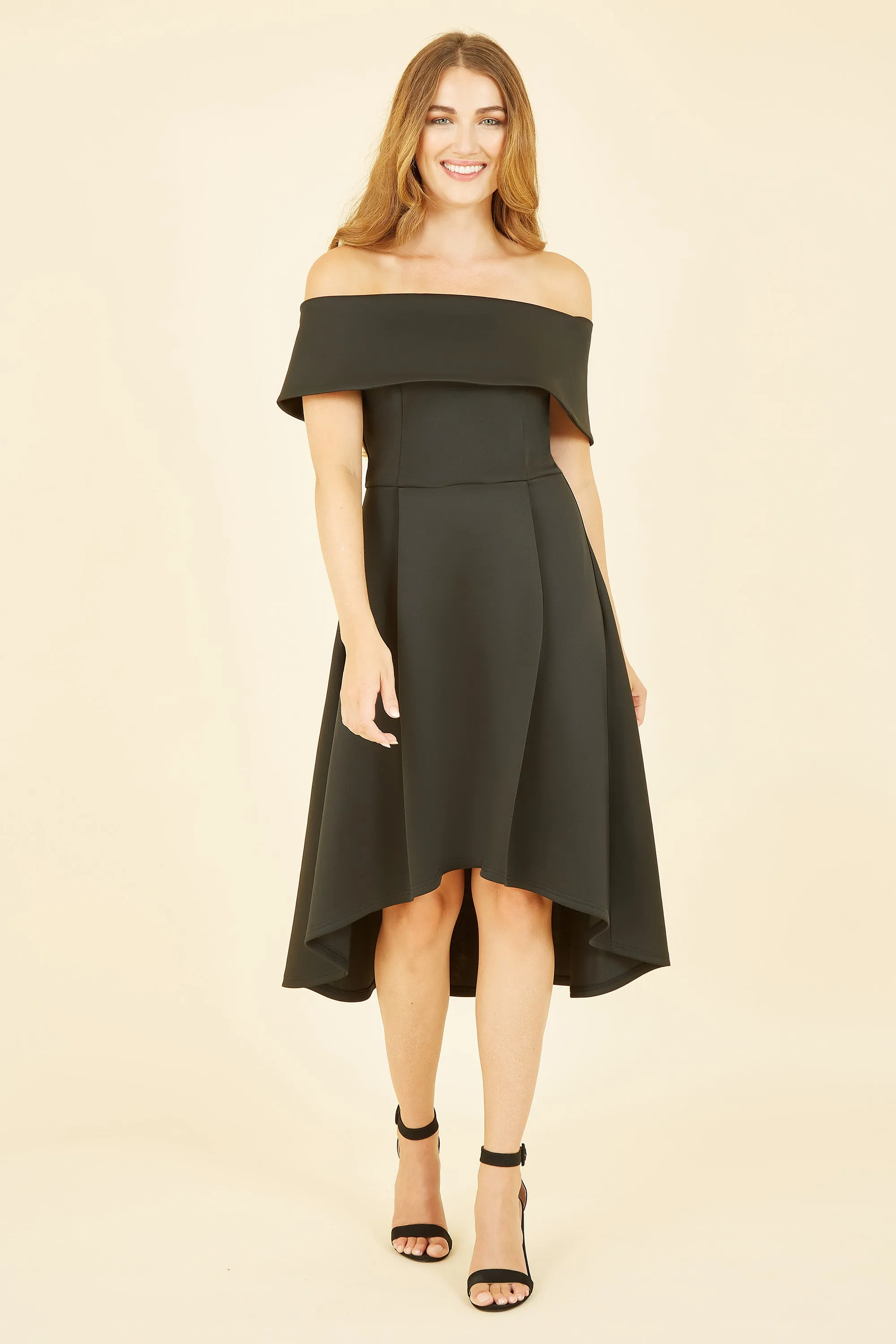 Mela London Black Bardot Dipped Hem Dress