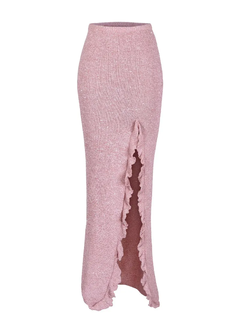 MICHAELA PLIT MAXI SKIRT IN ROSE SEQUIN