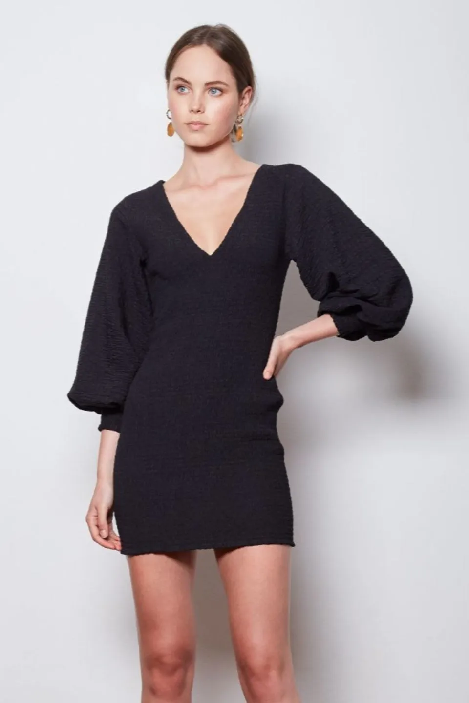 Mila Shirred Balloon LS Black Mini Dress