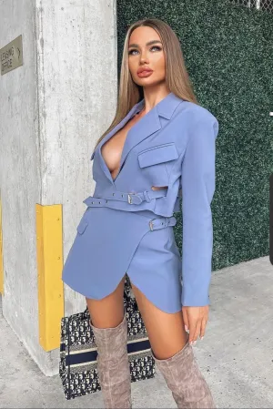 MIRANDA CROP BUCKLE BLUE JACKET AND MATCHING MINI SKIRT