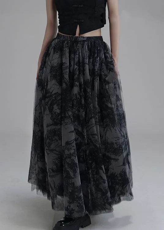 New Black Print Elastic Waist Tulle Skirt Summer AB1043