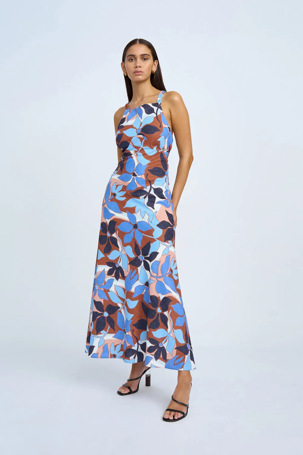 Ophelia Floral Bias Midi Dress | Final Sale - Navy Tan Brown Ivory