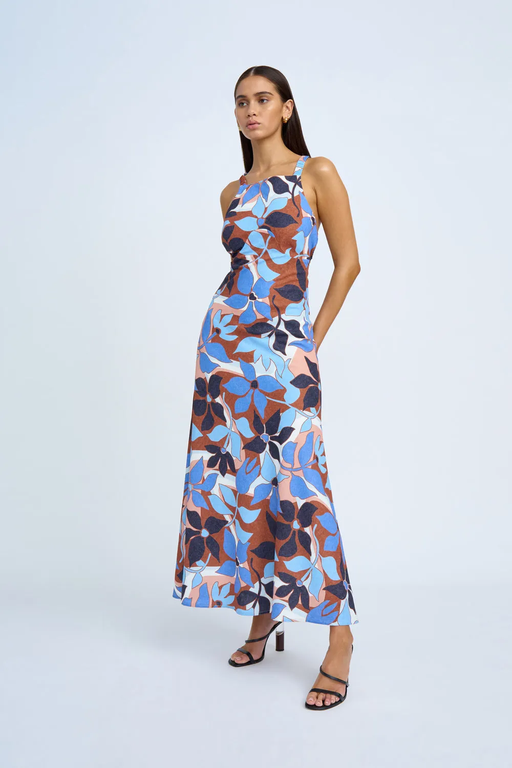 Ophelia Floral Bias Midi Dress | Final Sale - Navy Tan Brown Ivory