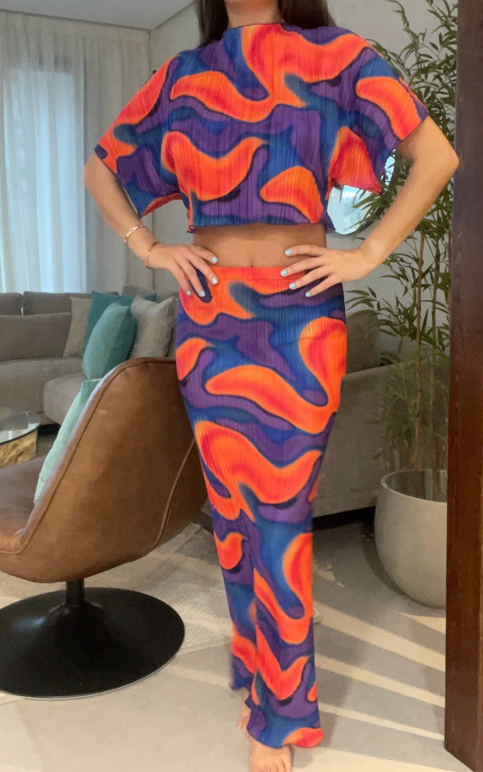 Orange Swirl Plisse Maxi Two Piece