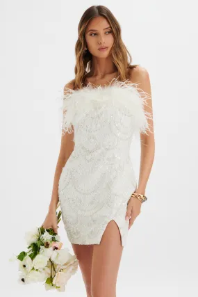 White Mini Dress with Elegant Feathers and Embellishments by ORELIA.