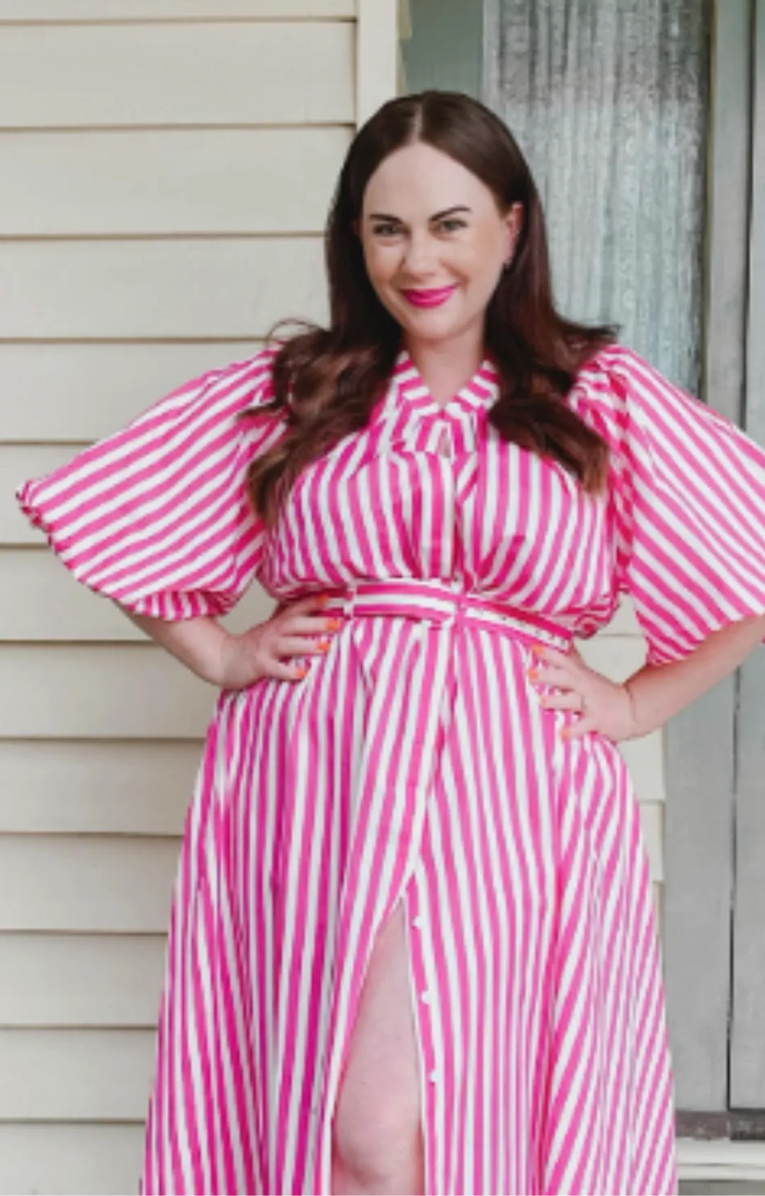 Pleated Neck Midi Dress - Pink & White Stripe