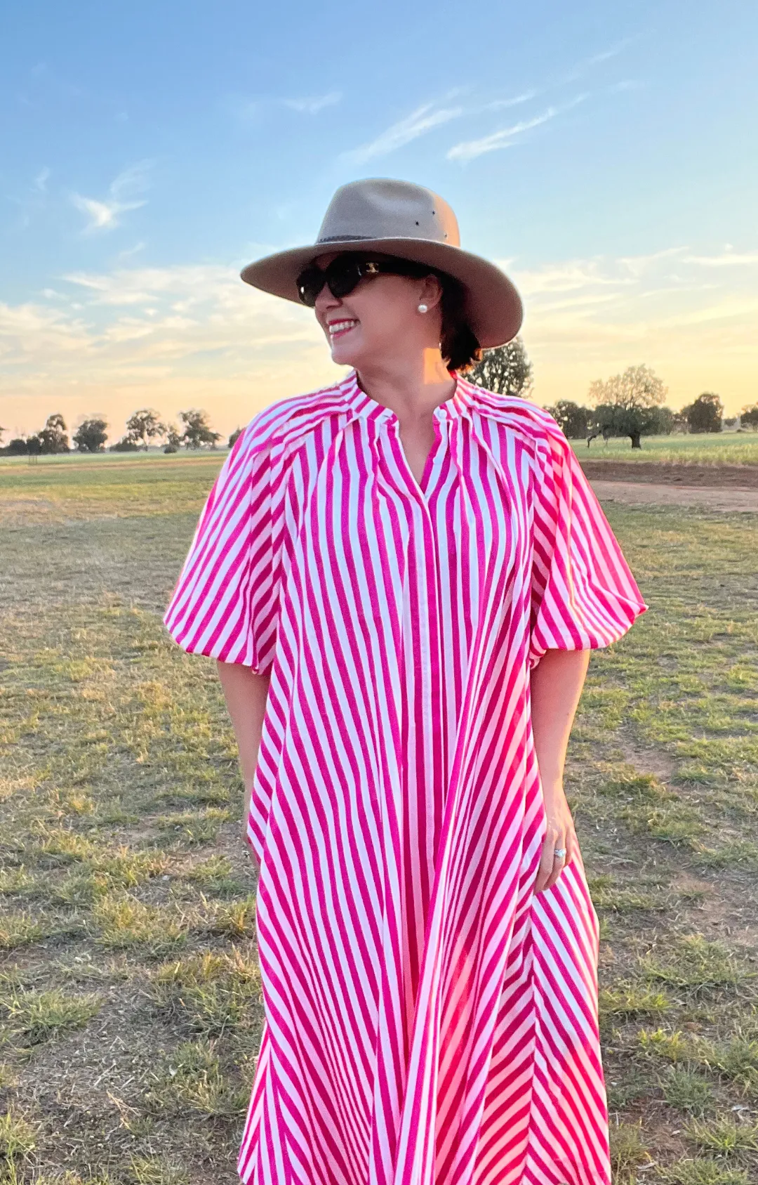 Pleated Neck Midi Dress - Pink & White Stripe