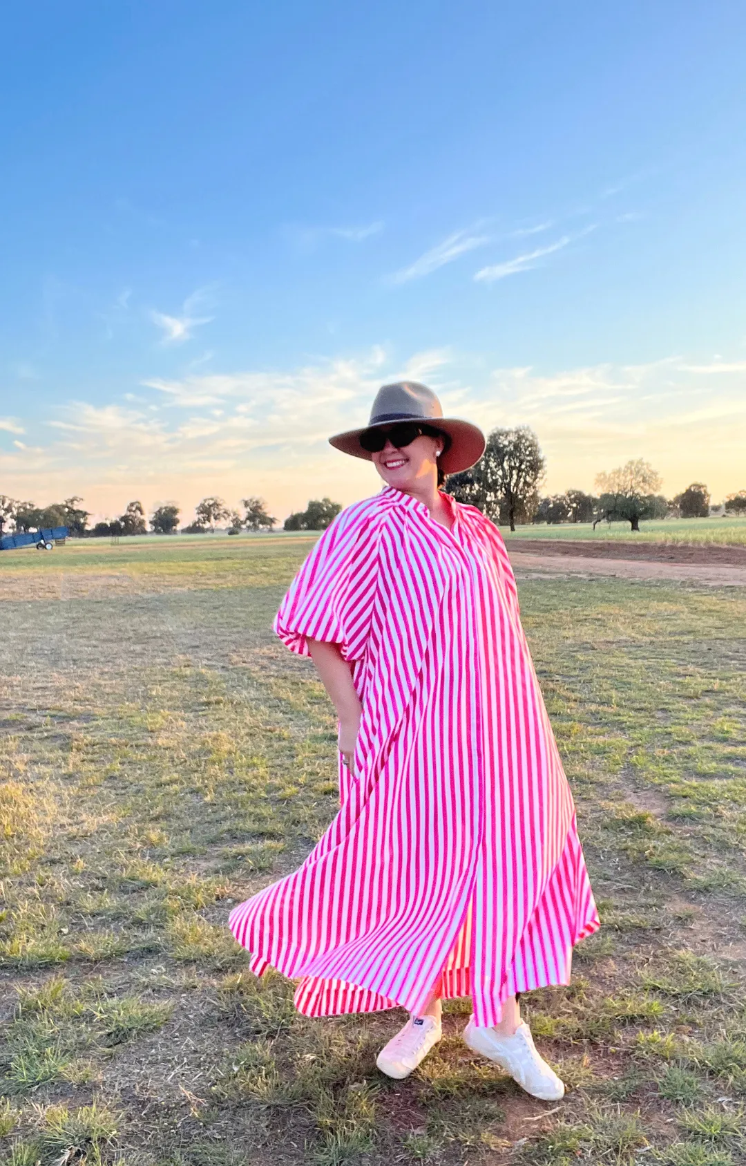 Pleated Neck Midi Dress - Pink & White Stripe