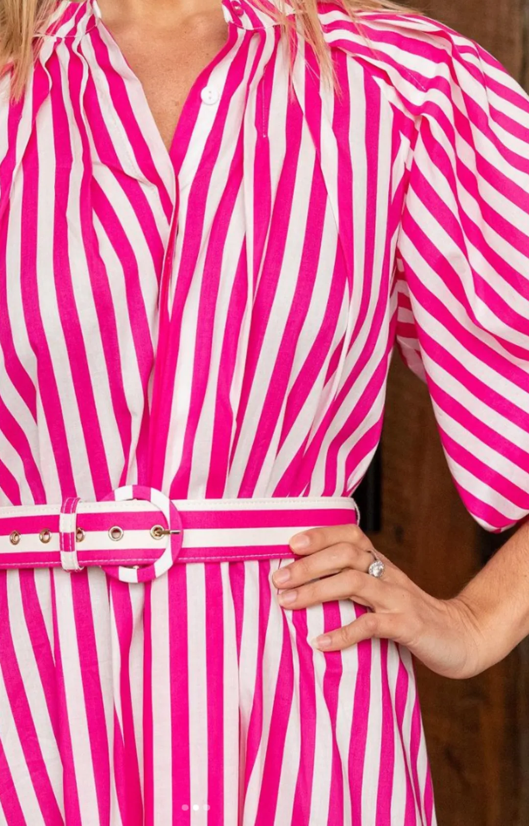 Pleated Neck Midi Dress - Pink & White Stripe