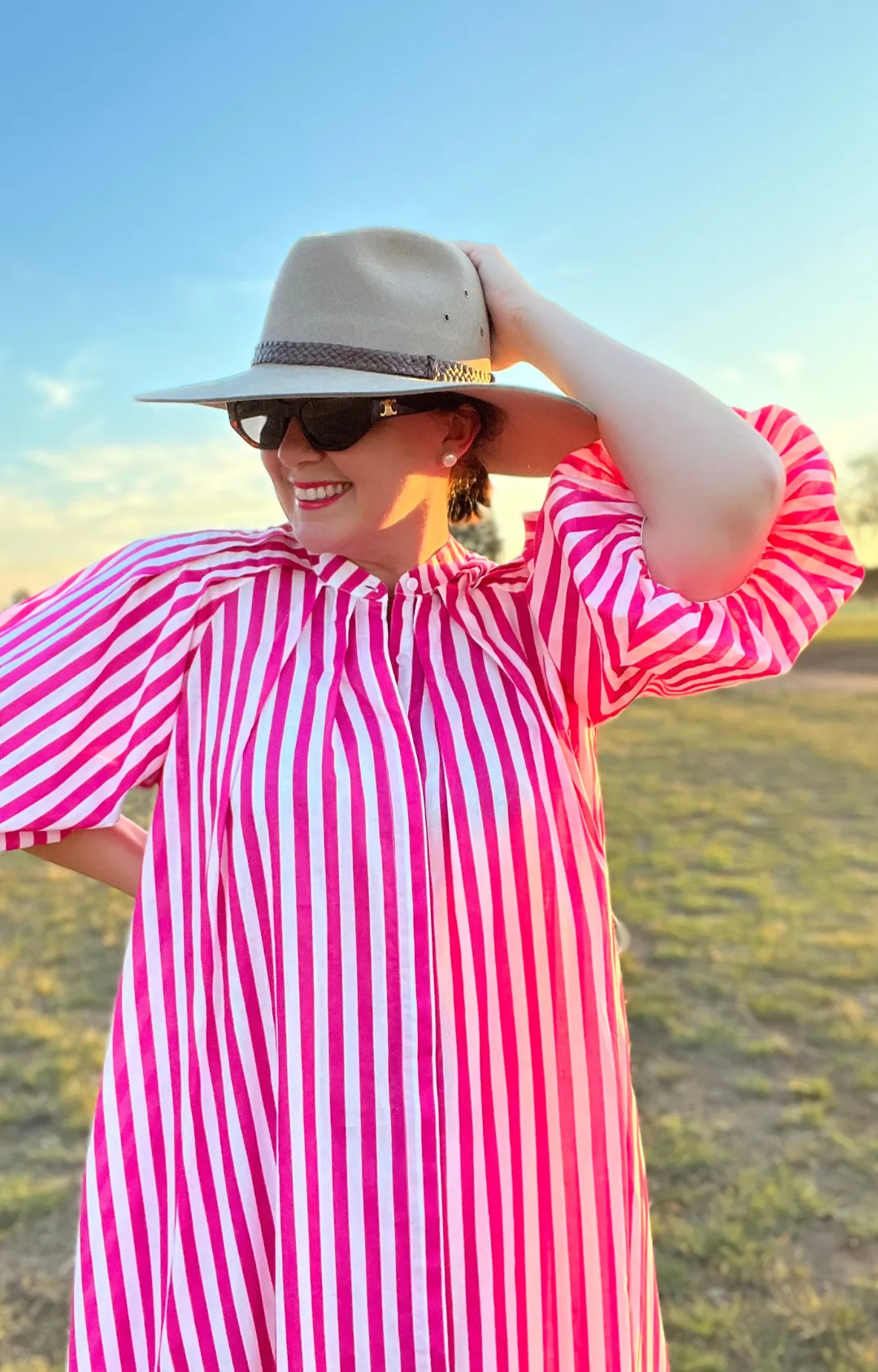 Pleated Neck Midi Dress - Pink & White Stripe