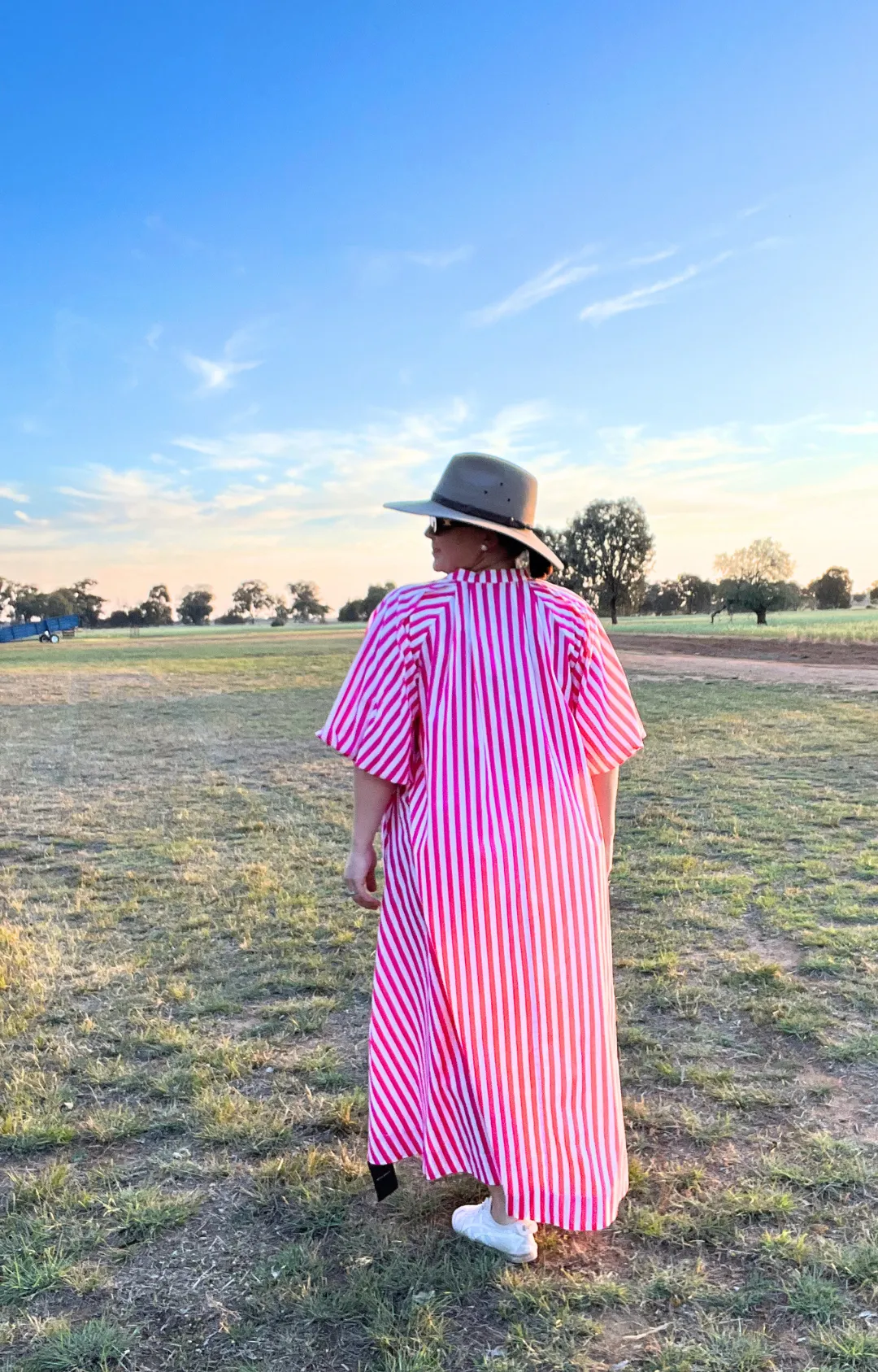 Pleated Neck Midi Dress - Pink & White Stripe