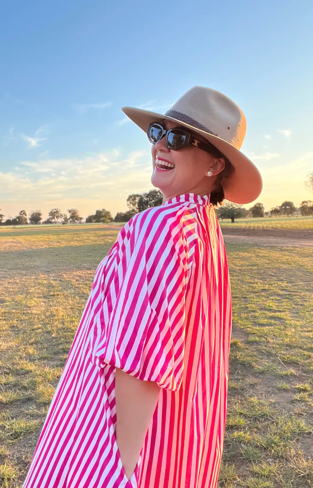 Pleated Neck Midi Dress - Pink & White Stripe