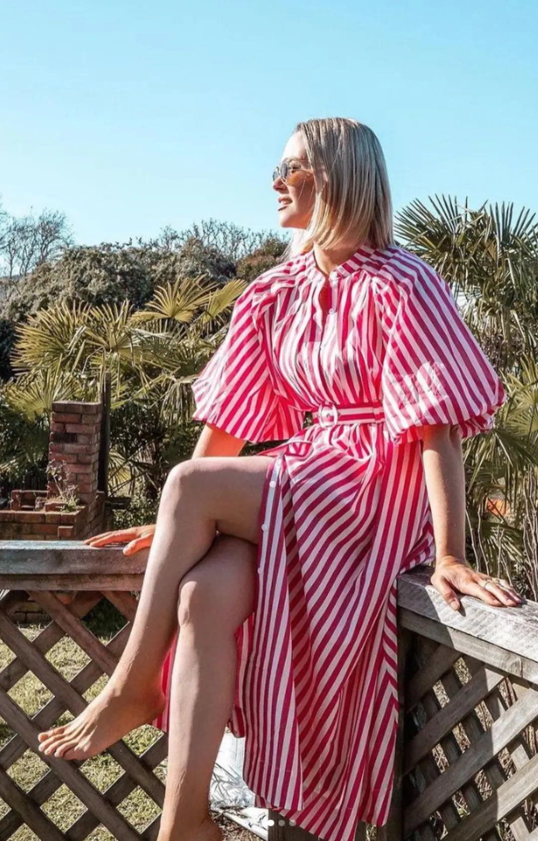 Pleated Neck Midi Dress - Pink & White Stripe