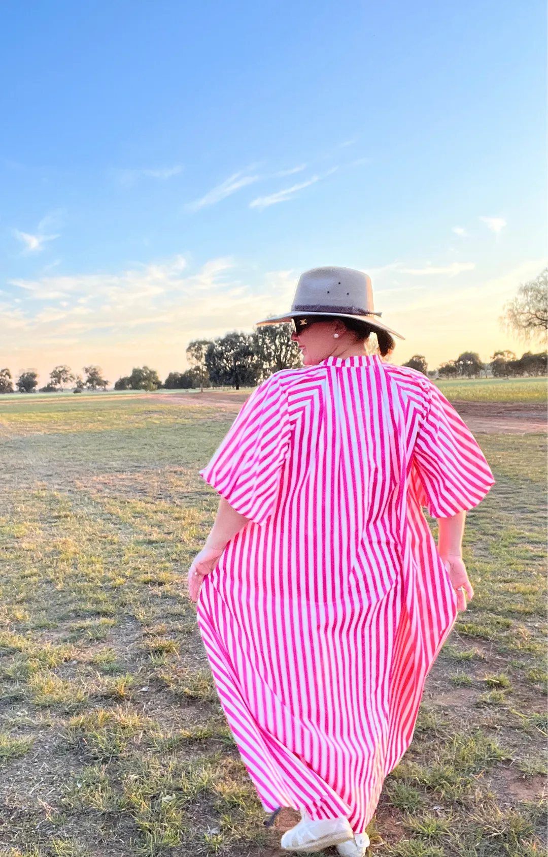 Pleated Neck Midi Dress - Pink & White Stripe