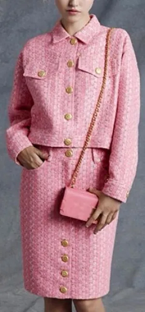 'Raffia & Boucle' Tweed Jacket & Skirt Set in Pink