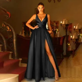 Royal Blue Satin V Neck Side Split Evening Formal Gown