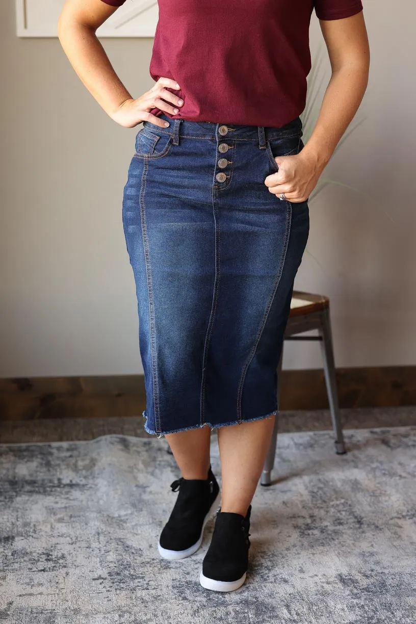 Scarlett Button Fly Midi Denim Skirt