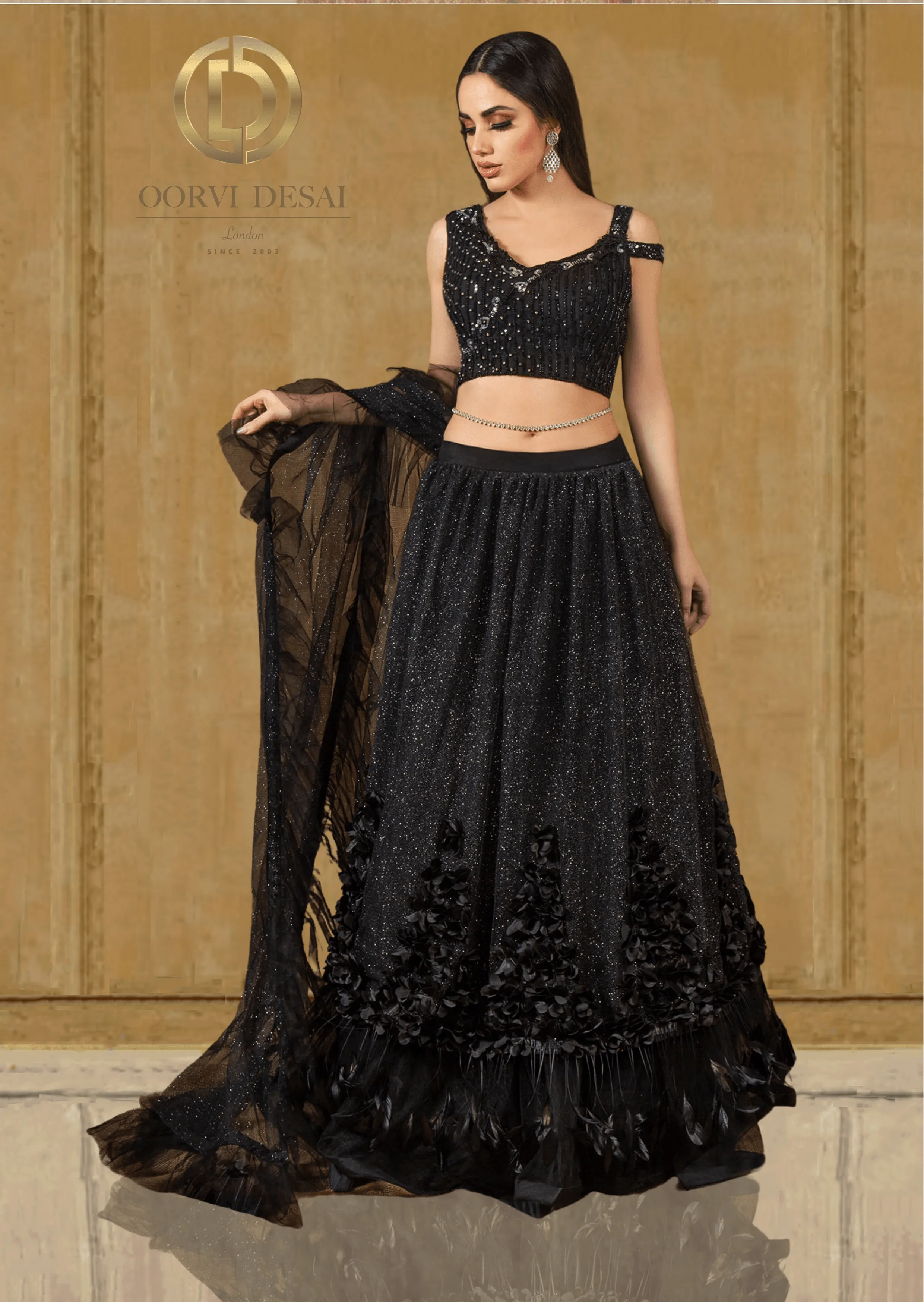 Shimmer Net Black Party Crop Top & Skirt with Applique work