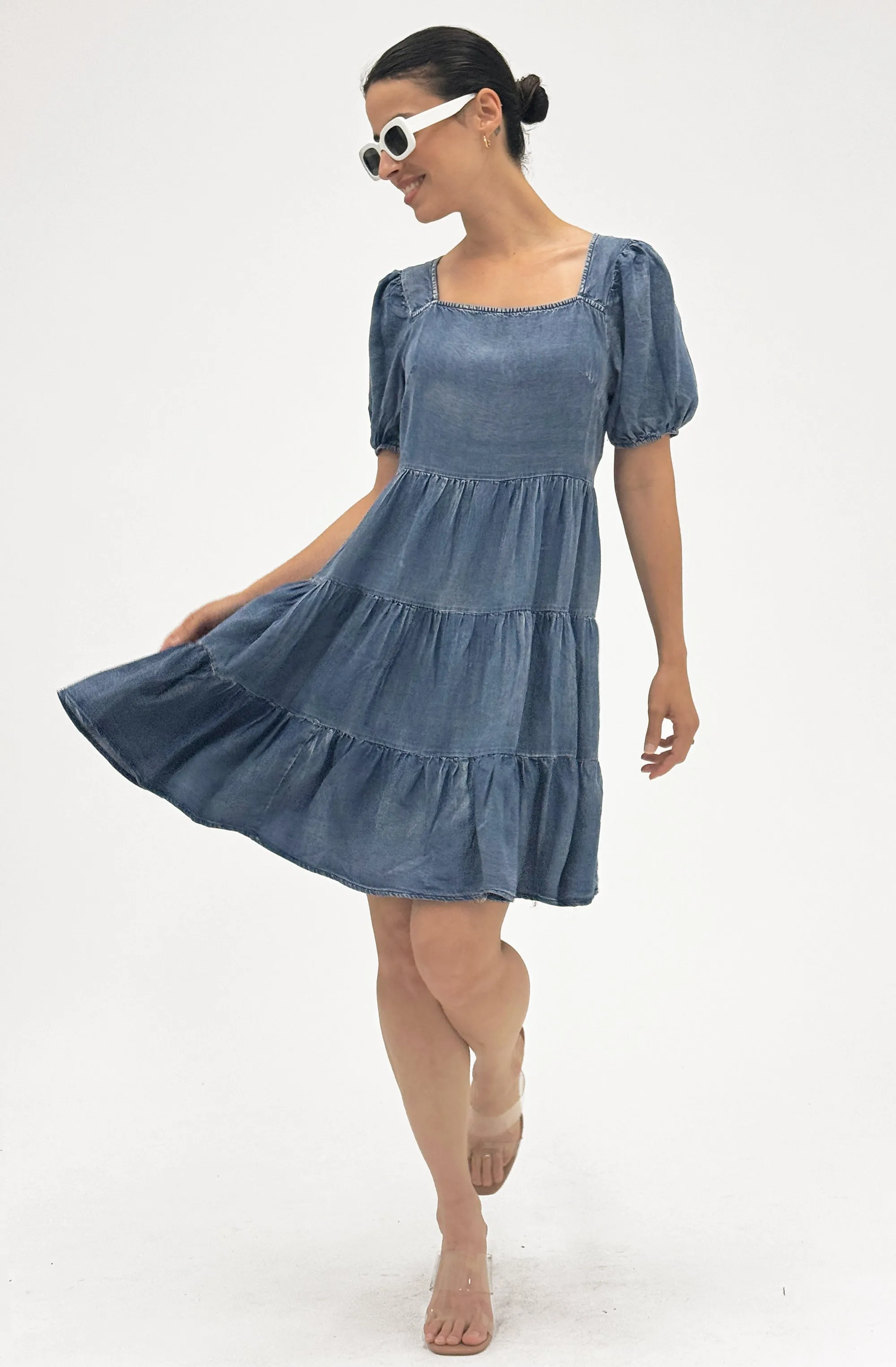 Chic Short Puff Sleeve Denim Dress for Women