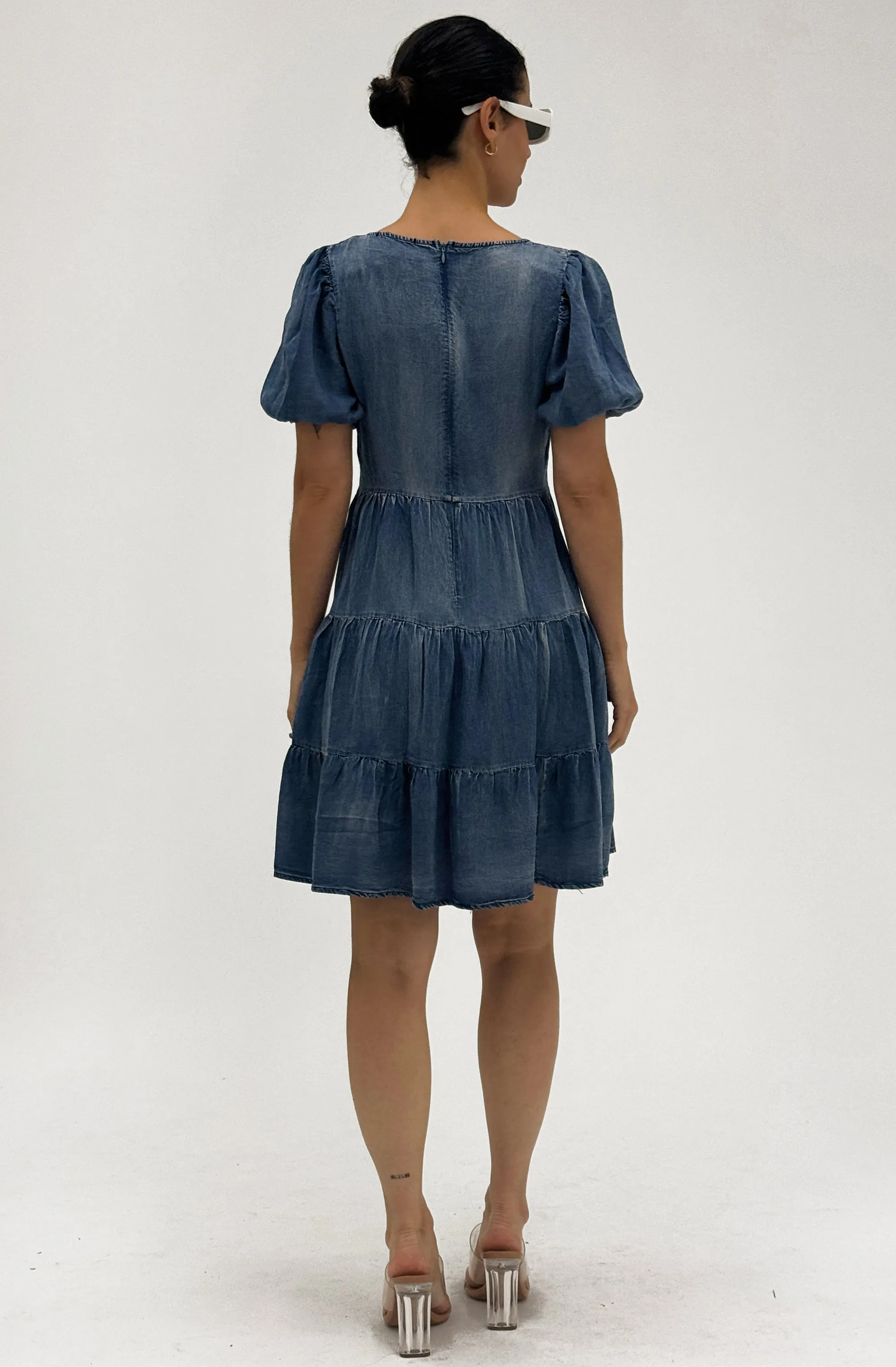 Chic Short Puff Sleeve Denim Dress for Women