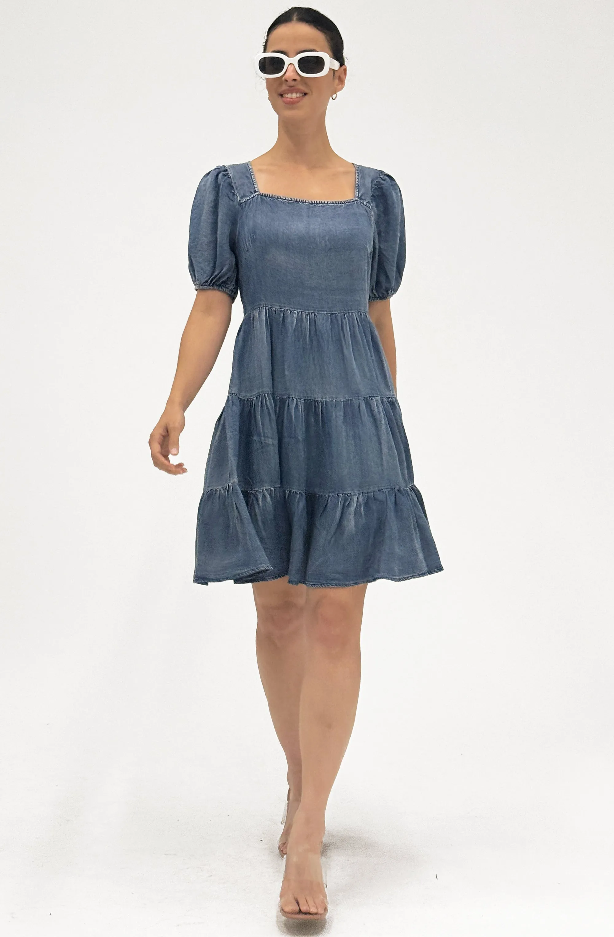 Chic Short Puff Sleeve Denim Dress for Women