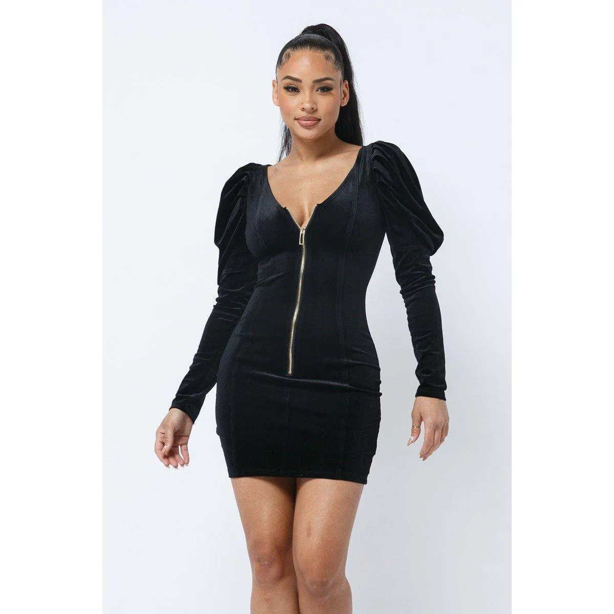 Elegant Velvet Mini Dress with Pleated Puff Sleeves and Low V-Neckline (Front and Back)