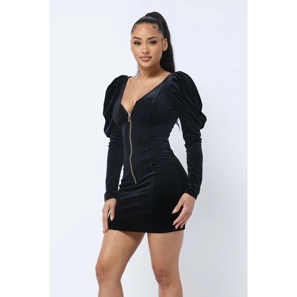 Elegant Velvet Mini Dress with Pleated Puff Sleeves and Low V-Neckline (Front and Back)