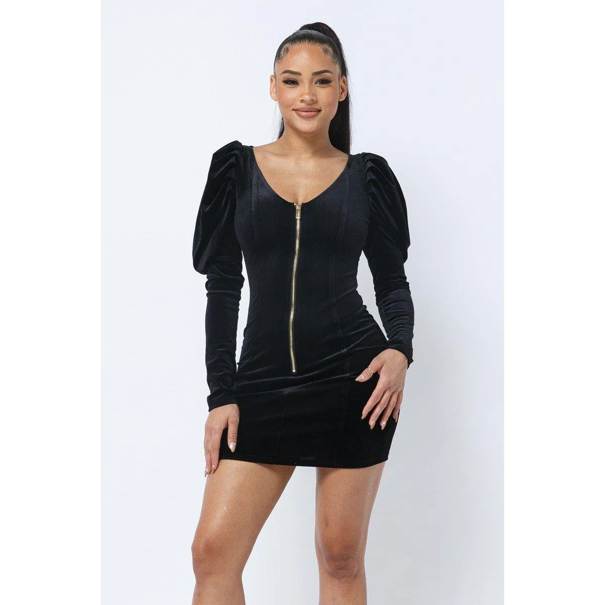 Elegant Velvet Mini Dress with Pleated Puff Sleeves and Low V-Neckline (Front and Back)