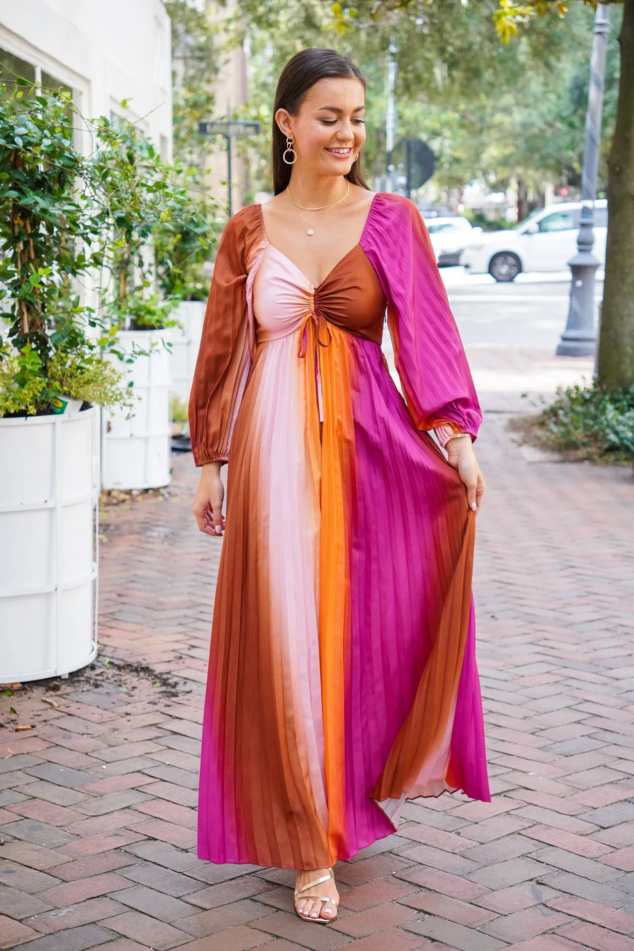 Sure! Here are some optimized title suggestions for the Sunset Maxi Dress:

1. Elegant Sunset Maxi Dress with Flowing Skirt - Perfect for Summer Evenings
2. Chic Sunset-Inspired Maxi Dress - Flattering and Comfortable for All Occasions
3. Stylish Sunset Ombre Maxi Dress - Breezy and Trendy for Any Occasion
4. Beautiful Sunset Print Maxi Dress - Lightweight and Airy for Warm Days
5. Vibrant Sunset-Colored Maxi Dress - Ultimate Comfort and Style for Everyday Wear

Feel free to choose or modify any of these titles!