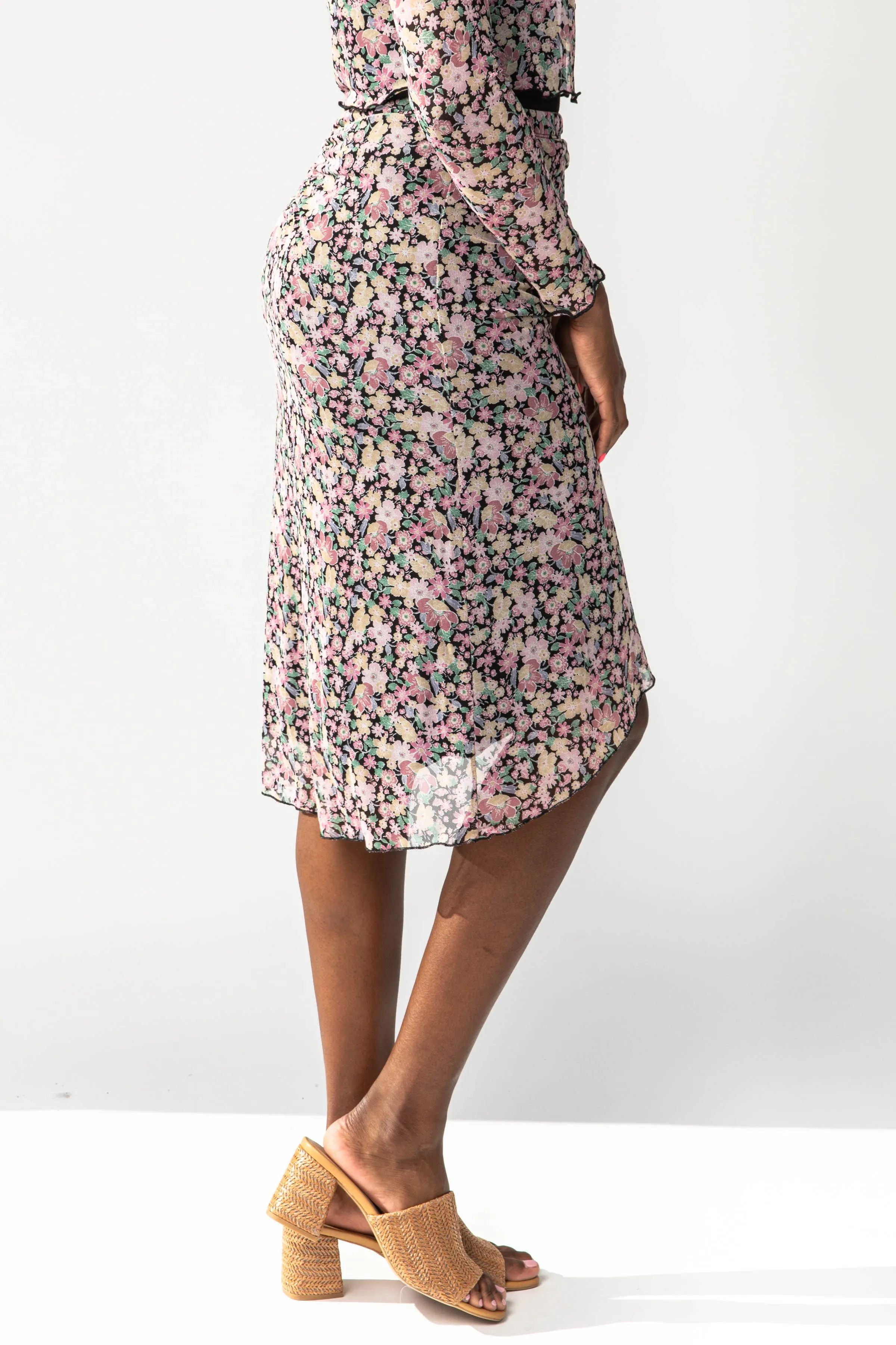 The Jolie Ruched Floral Skirt in Black