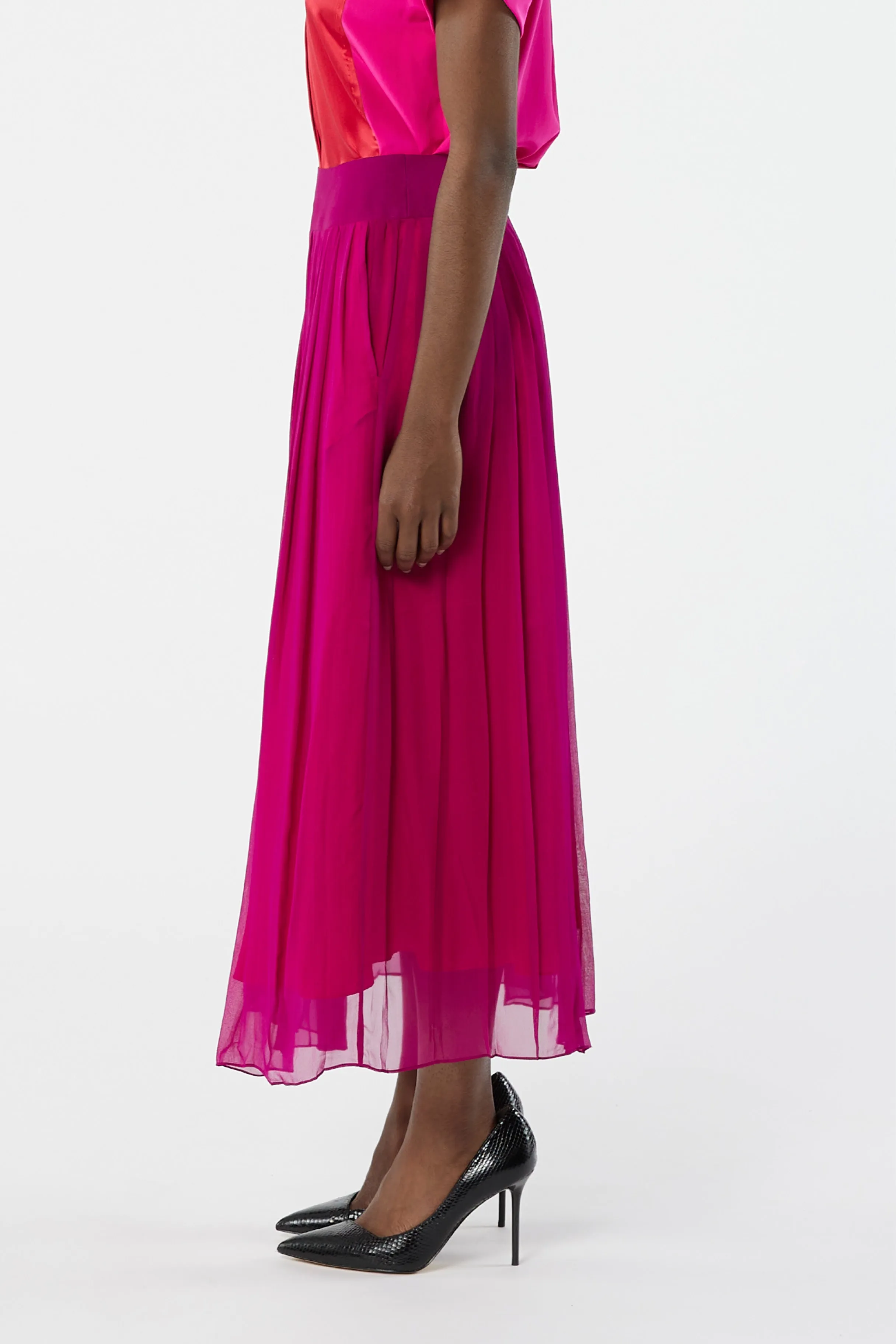 TYPHON fuchsia - silk aerial long pleated skirt