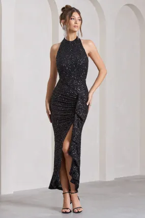 Under The Stars | Black Sequin High-Neck Open-Back Maxi Dress With Drape