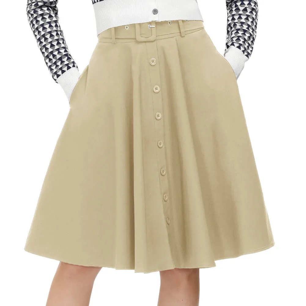 Vintage Stretch High Waist A-Line Flared Midi Skirts with Pockets & Belts