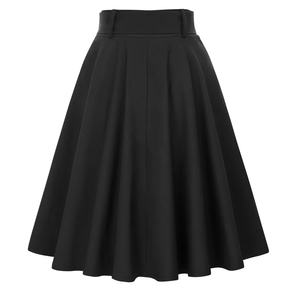 Vintage Stretch High Waist A-Line Flared Midi Skirts with Pockets & Belts