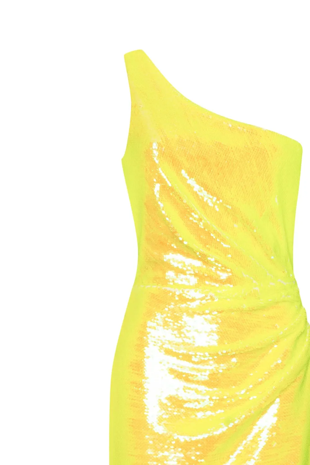 Vivid one-shoulder yellow sparkling wrapped midi dress