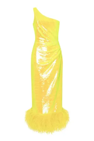 Vivid one-shoulder yellow sparkling wrapped midi dress