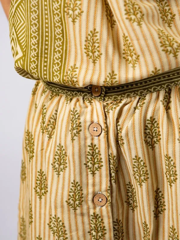 Yellow With Brown Paisely Button Midi Skirt - XS