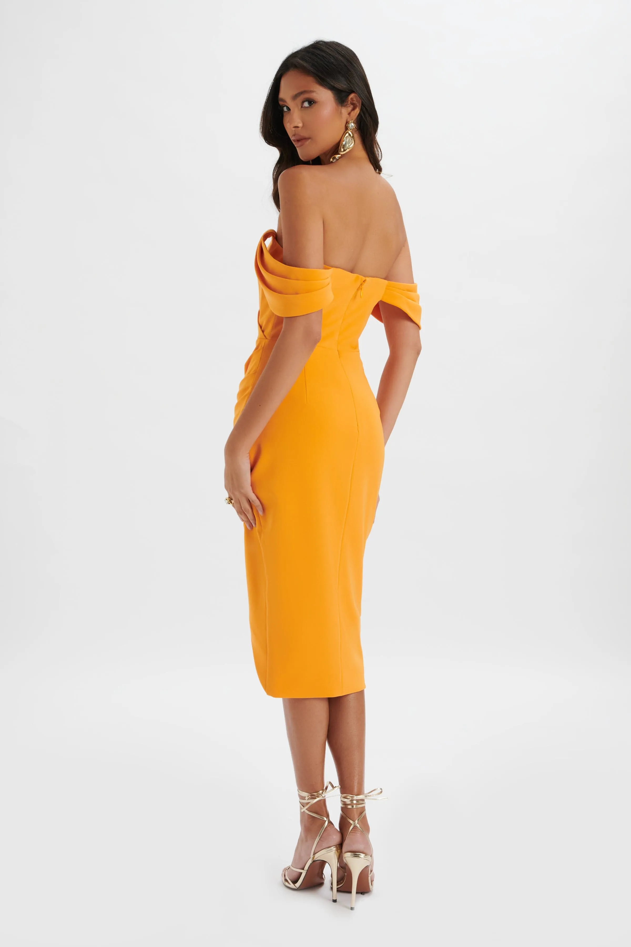 ZAMIRA 3D Flower Detail Off Shoulder Midi Dress in Orange