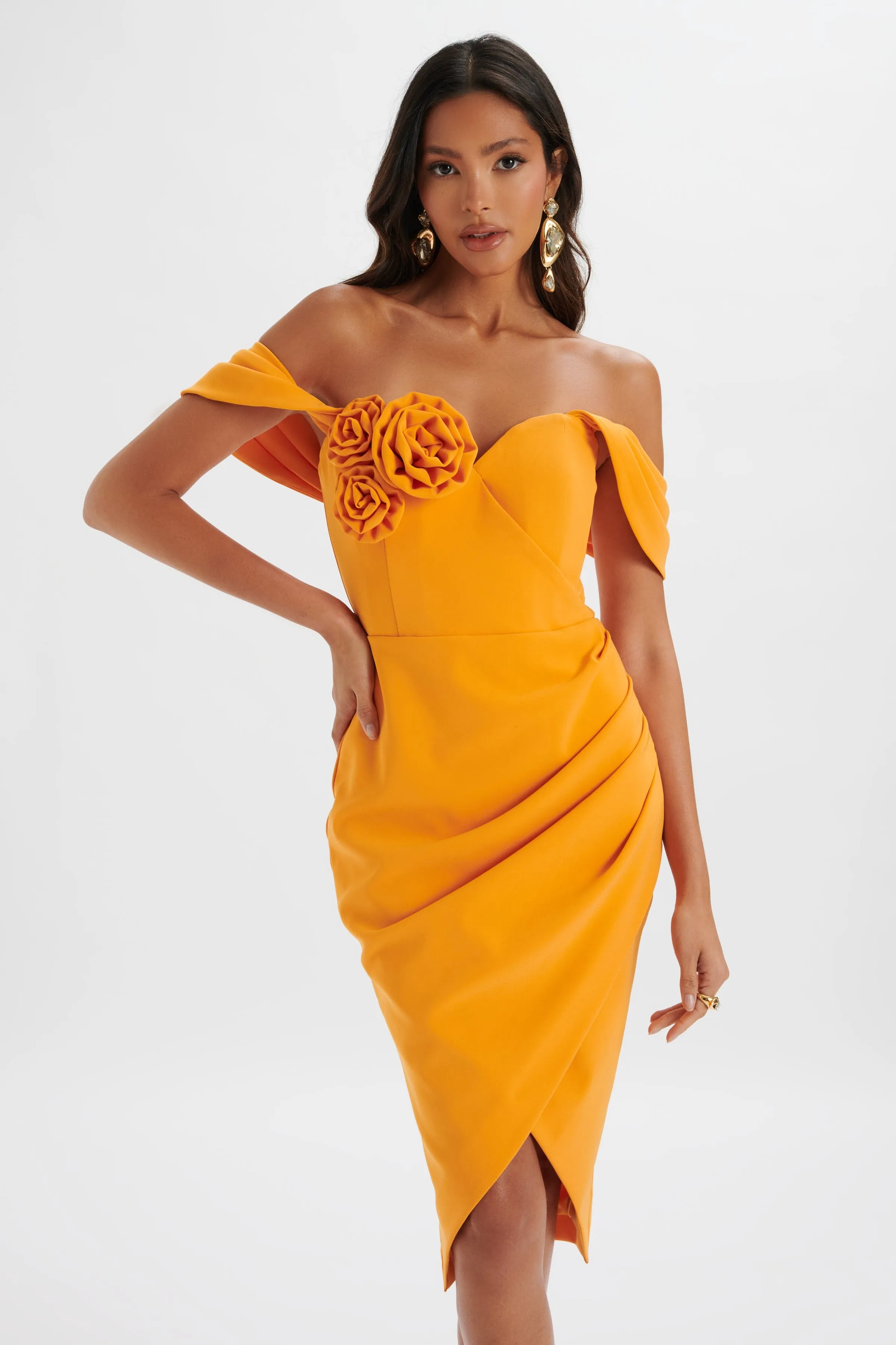 ZAMIRA 3D Flower Detail Off Shoulder Midi Dress in Orange