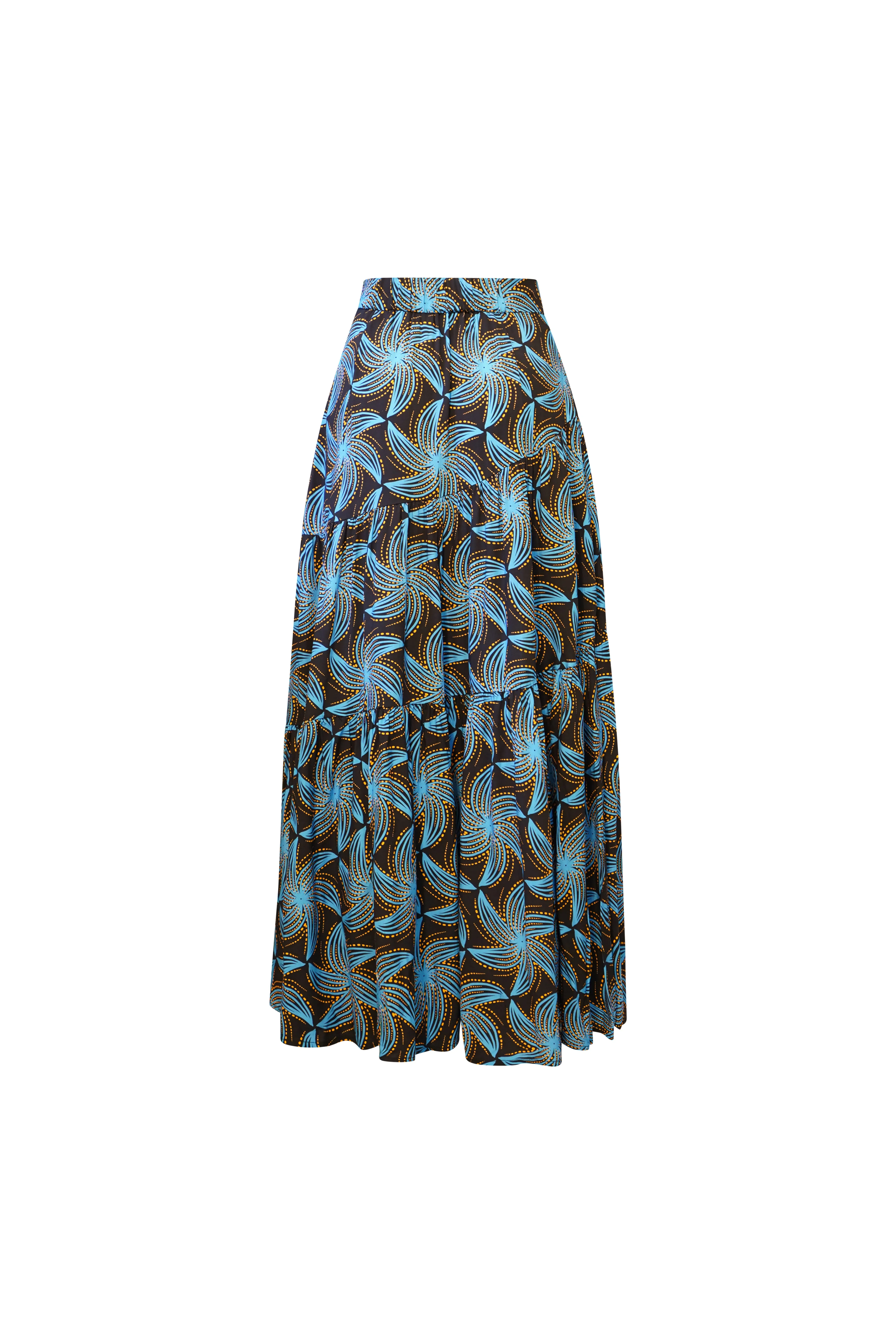 Zikora High Waist Flare Maxi Skirt - Blue and Black Stellar Whirls Print | ILC OA OG