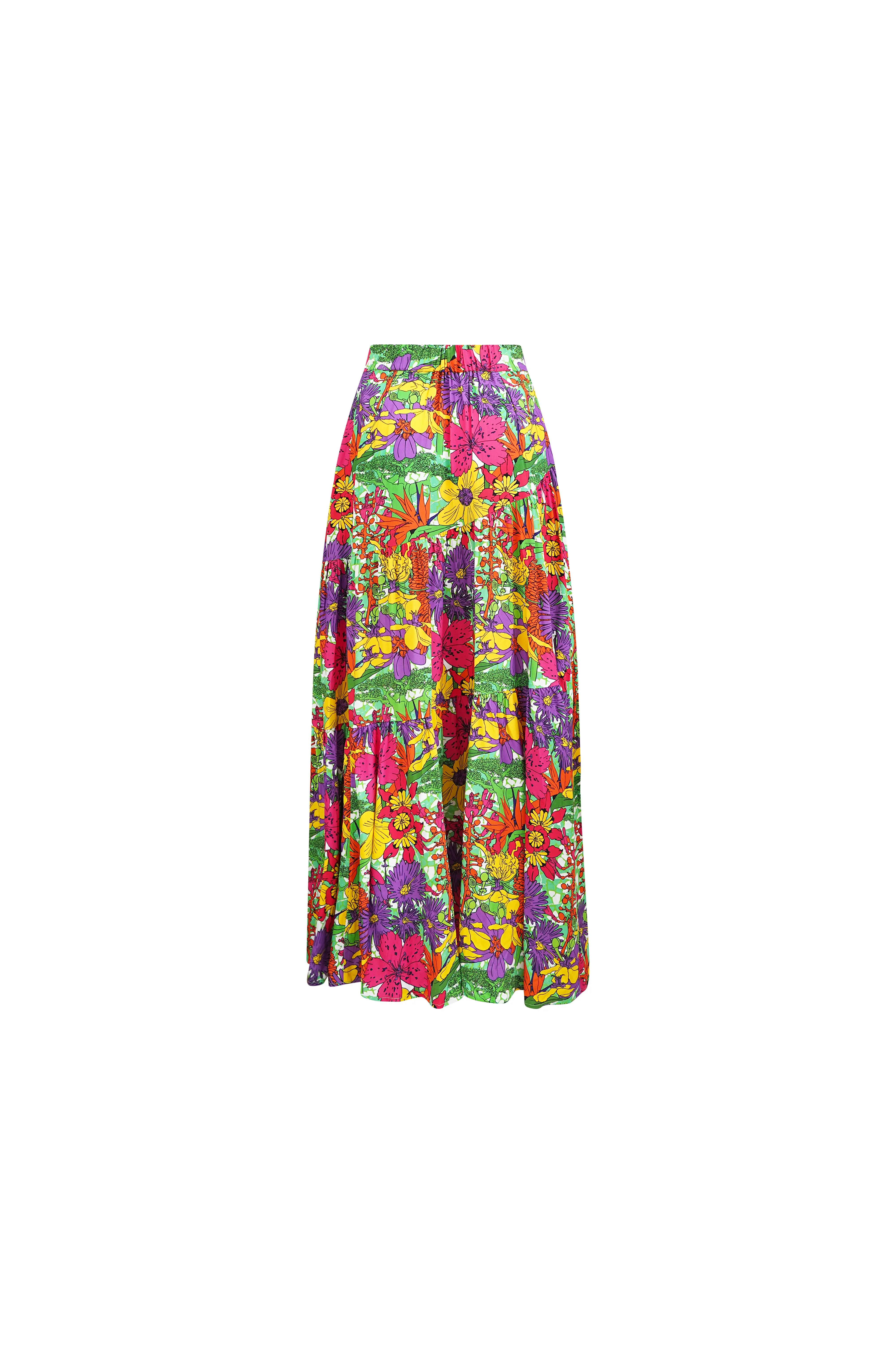 Zikora High Waist Flare Maxi Skirt - Green Pink Yellow Garden Mosaic Print | ILC OA OG