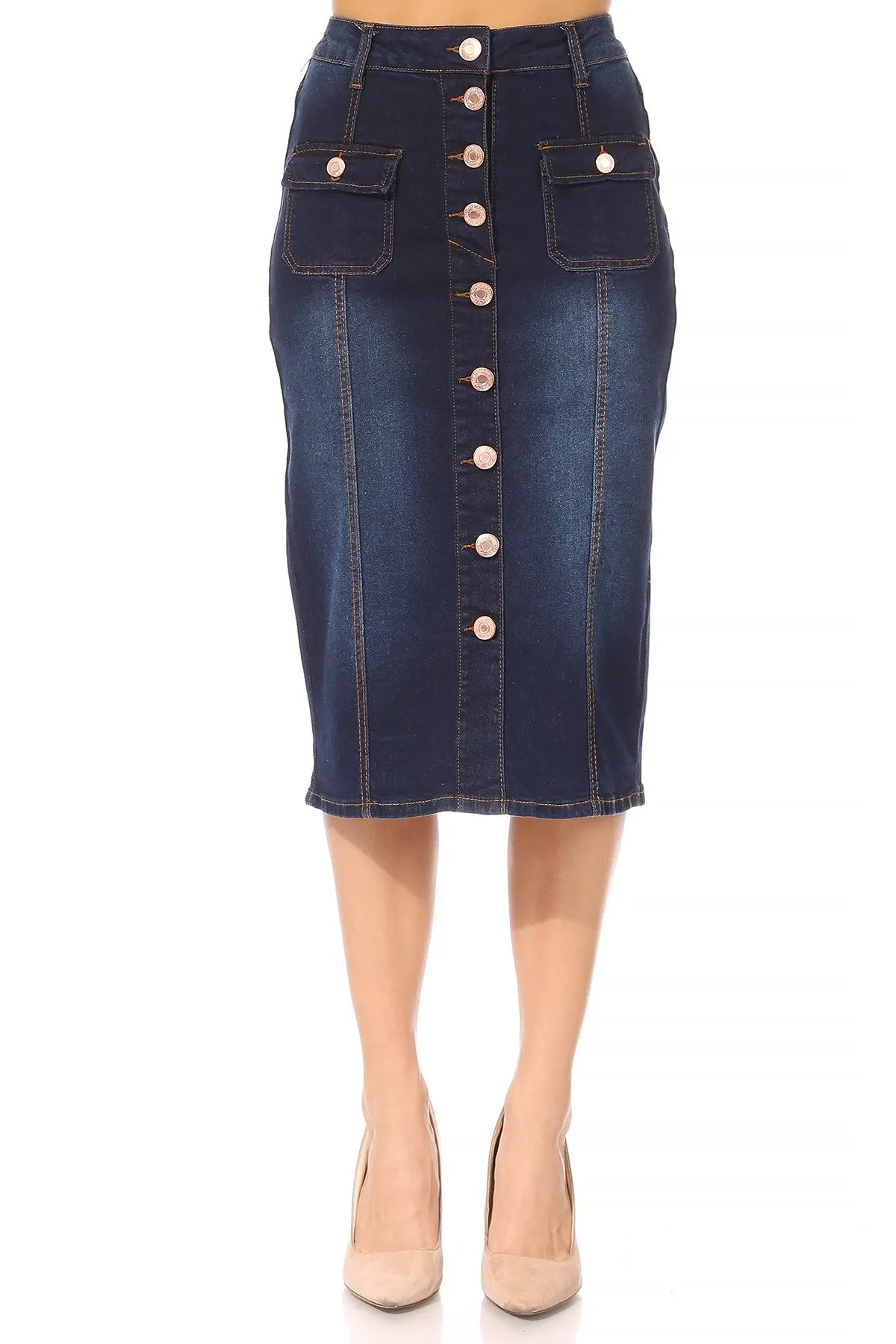 Zoey Button Down Denim Skirt in Dk. Indigo